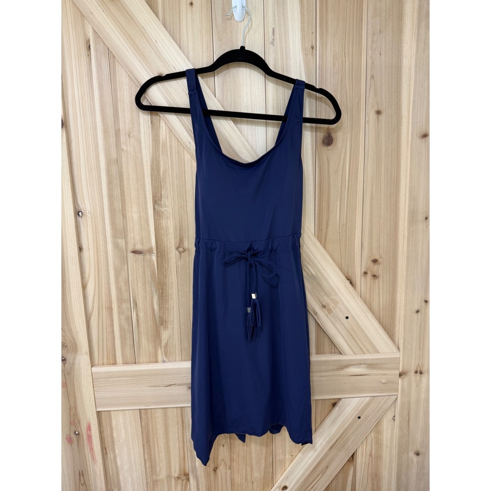 Denim & Co Beach Navy Blue Swim Dress Handkerchief Hem Tassel Tie Size 8